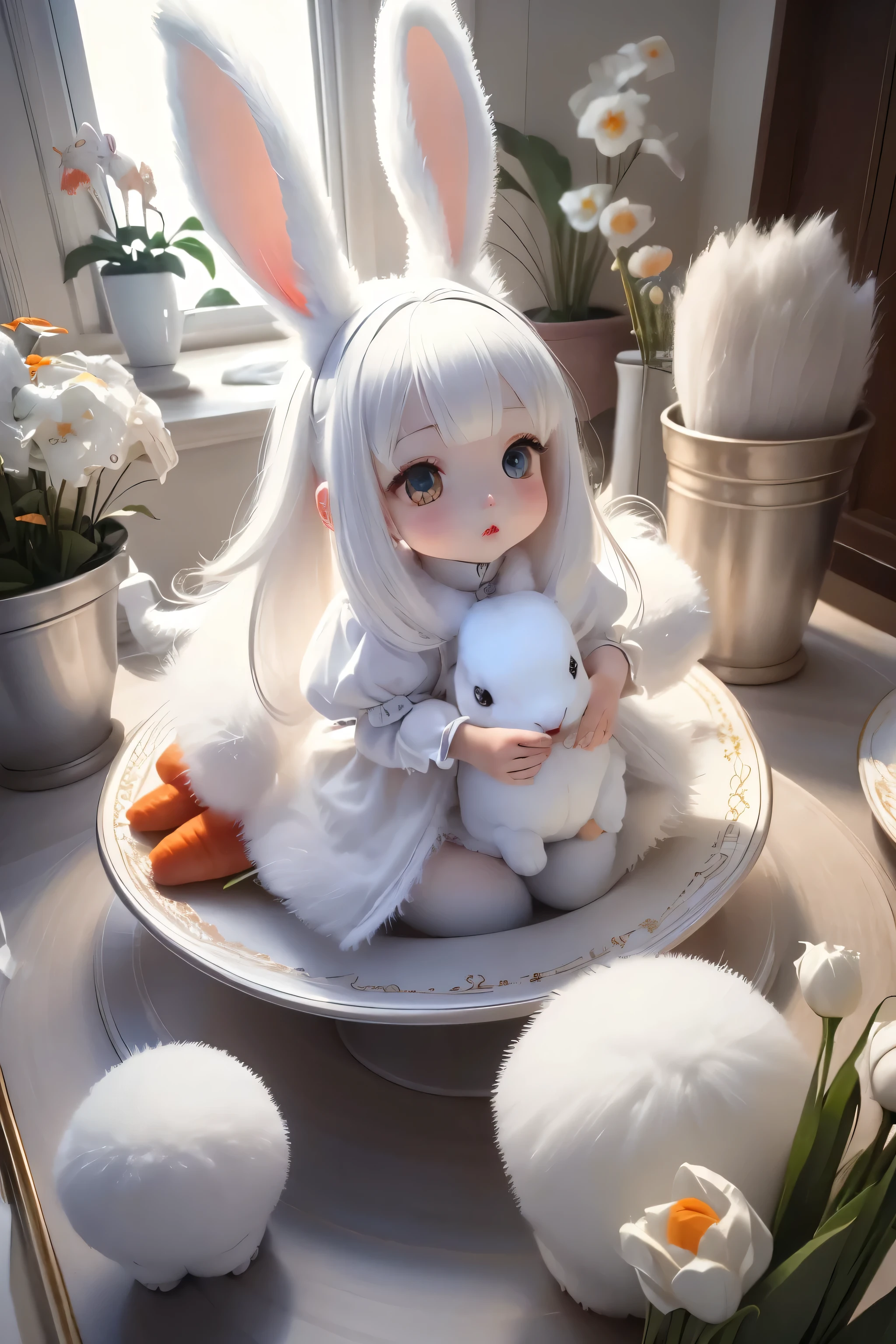 High resolution、white rabbit face、Adorable、Looking into the camera、boundary line'I feel weird、Balanced
