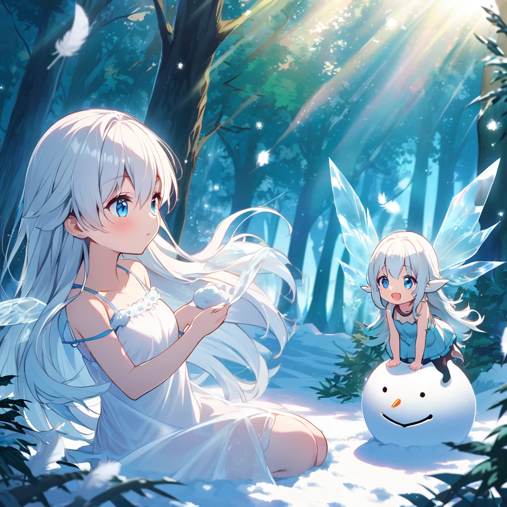 One woman,Ice fairy making a snowman,Young face,White Hair,(long hair),blue eyes,Winged,Four Feathers,fluffy,Translucent wings,Ice,Short,Wearing a camisole, magical sky,Blue sky,in the forest,Sunlight filtering through the trees,it&#39;s snowing,very mysterious