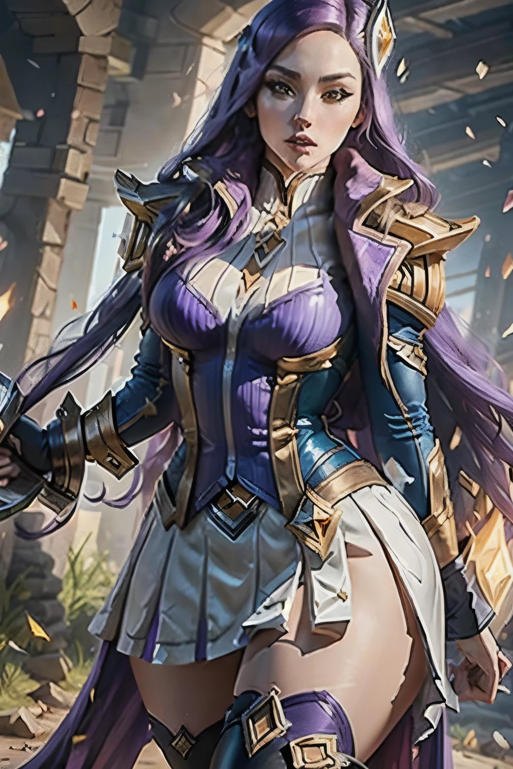 CAITLYN league of legends, battle academy outfit, overskirt, thigh-high boots, super long purple hair, high resolution, super detaill, 8k, Overview