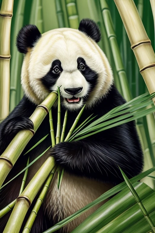 A panda holding bamboo shoots in its paws, surrounded by bamboo leaves and twigs. The image is done in an oil painting style with soft and smooth strokes, emphasizing the texture of the panda's fur and bamboo leaves. The background features a mix of bright, abstract colors, adding dynamism and artistic atmosphere to the scene, while the main focus remains on the panda.