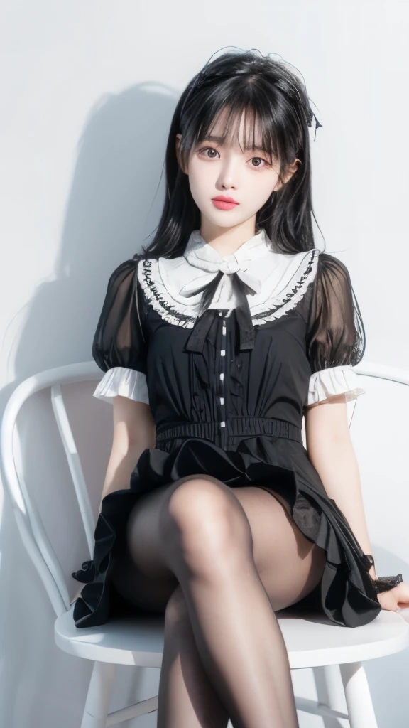 Super cute black hair，Black Lolita dress girl. 8K ultra-high quality, Delicate texture, Pure white background，（Wear black pantyhose），Show long legs，sit on the chair，18-year-old girl