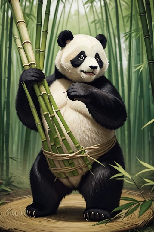 A panda holding bamboo shoots in its paws, surrounded by bamboo leaves and twigs. The image is done in an oil painting style with soft and smooth strokes, emphasizing the texture of the panda's fur and bamboo leaves. The background features a mix of bright, abstract colors, adding dynamism and artistic atmosphere to the scene, while the main focus remains on the panda.