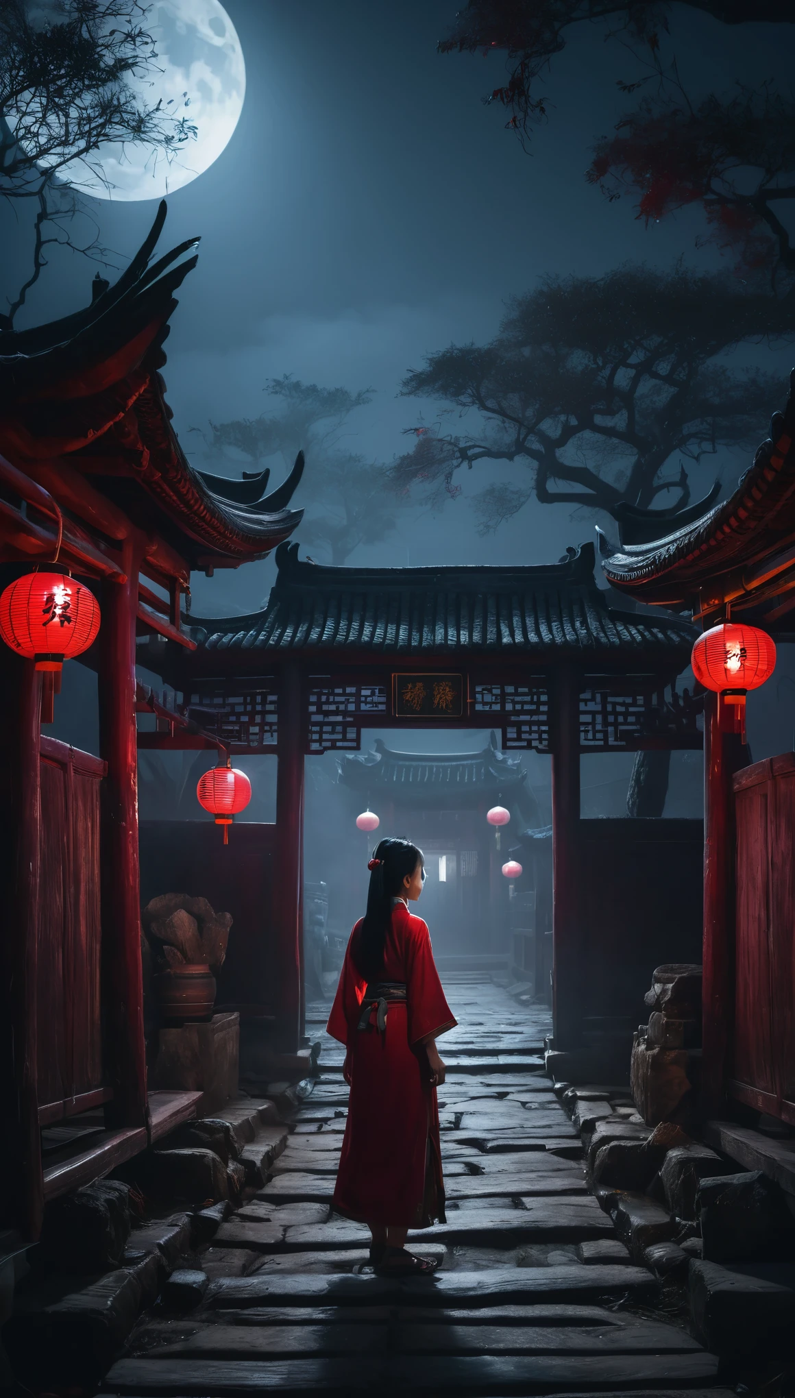 An ancient village on the night of the full moon of the seventh lunar month, ancient Chinese architecture, foggy, blood-red moonlight shining on the rotten wooden houses, a girl standing alone in front of the village gate, her eyes filled with fear. Cinematic lighting, highly detailed, 8k, artstation, concept art, dark fantasy