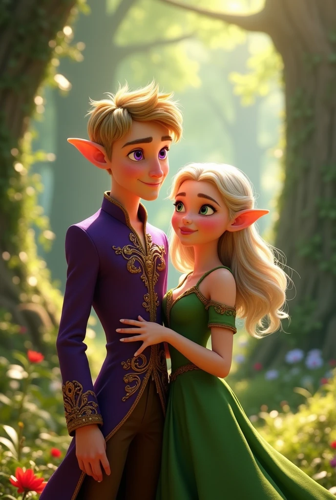 elf man, short blonde hair, purple eyes and elegant purple clothing next to an elf woman with ash blonde hair, with freckles and green eyes, green dress,both 18 years old. disney pixar 3d style