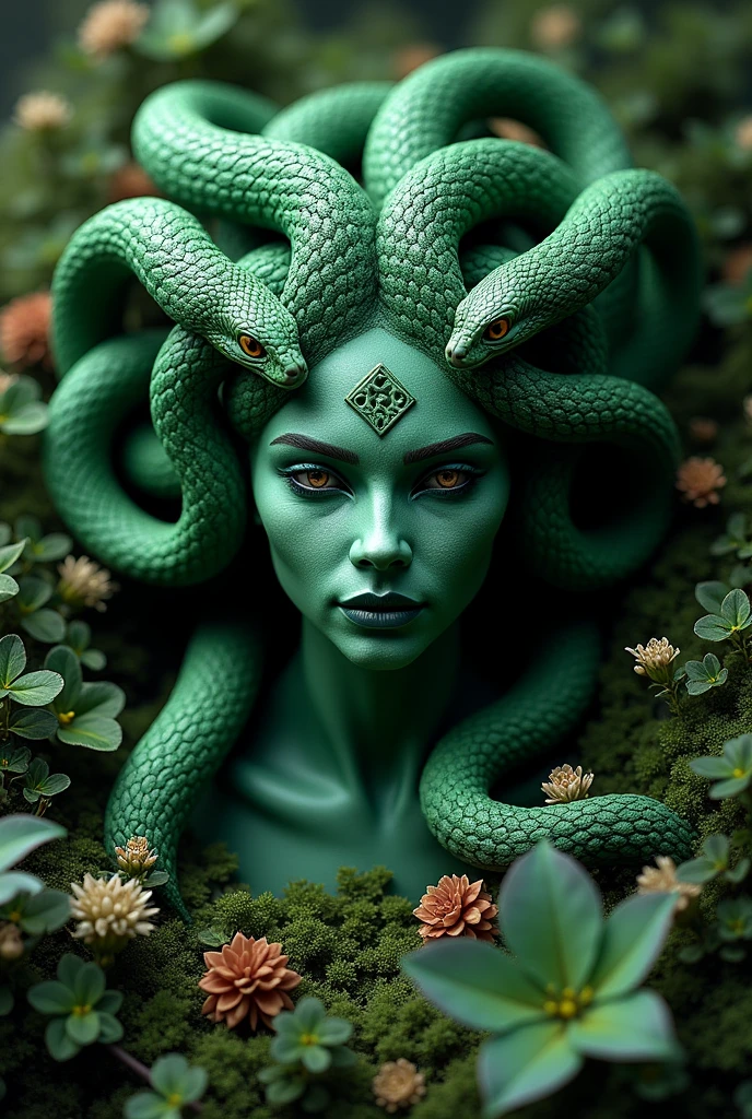 Medusa's head, emerging from a flourishing green triangle