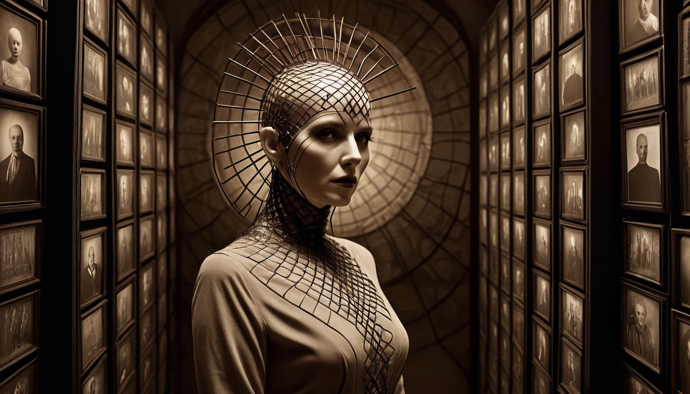 ((Very old photograph in sepia tone only)), Surreal, monochromatic image featuring a pale, bald, eyeless woman standing in front of a wall covered in pictures, a surrealist sculpture, inspired by Igor Morski, pinhead from hellraiser, just art for dark metal music, lattice, photography of albert watson, album, biblical female android. inspired by Igor Morski, hellraiser pinhead, just art for dark metal music, lattice, albert watson photography, album, biblical female android. dystopia. supernatural atmosphere of the scene, horrified, deceptive, insane, disturbing, shocking, vintage, old film cgsociety, art deco, 1920s, hyperdetailed, 1920s Hellraiser film, digital illusions, photorealistic, artistic visuals inspired by Fritz Lang. ((motion picture film)), ultra-detailed, chiaroscuro, RAW photo, cinematic, artstation style, concept art, masterpiece, 8k, black and white, realistic textures, 3D rendering.