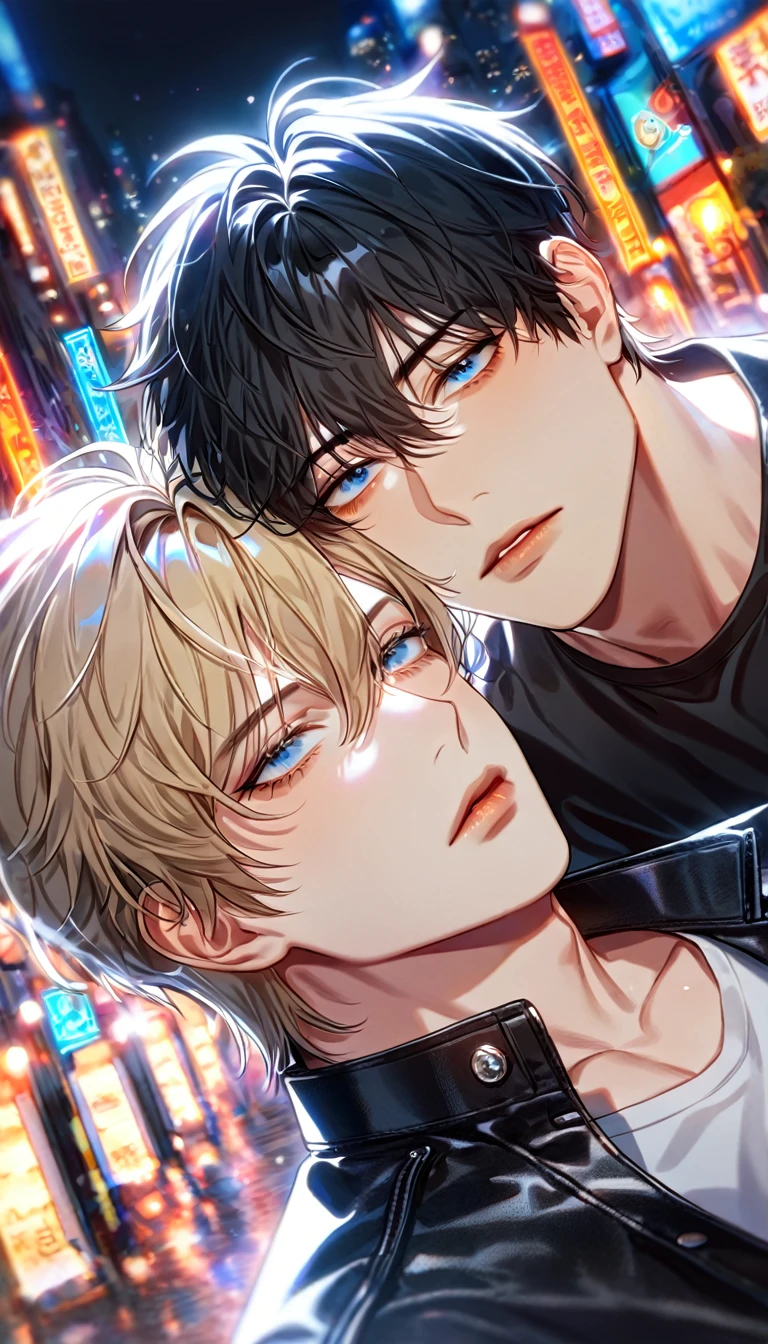 absurdres, highres, ultra detailed, HDR, master piece, best quality, extremely detailed face, delicated features, Kang Woojin, black hair, messy hair, expressive dark blue eyes, Love Jinx, Lim Haegyung, ash-blonde hair, hair between the eyes, messy hair, expressive blue eyes, two sexy men together, yaoi, gay couple, handsome, sensual, black leather jacket, black tight T-shirt, black piercings, black pants, city, lights, night, street