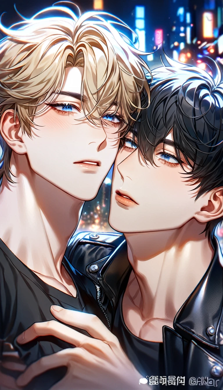 absurdres, highres, ultra detailed, HDR, master piece, best quality, extremely detailed face, delicated features, Kang Woojin, black hair, messy hair, expressive dark blue eyes, Love Jinx, Lim Haegyung, ash-blonde hair, hair between the eyes, messy hair, expressive blue eyes, two  men together, yaoi, gay couple, handsome, sensual, black leather jacket, black tight T-shirt, black piercings, black pants, city, lights, night, street