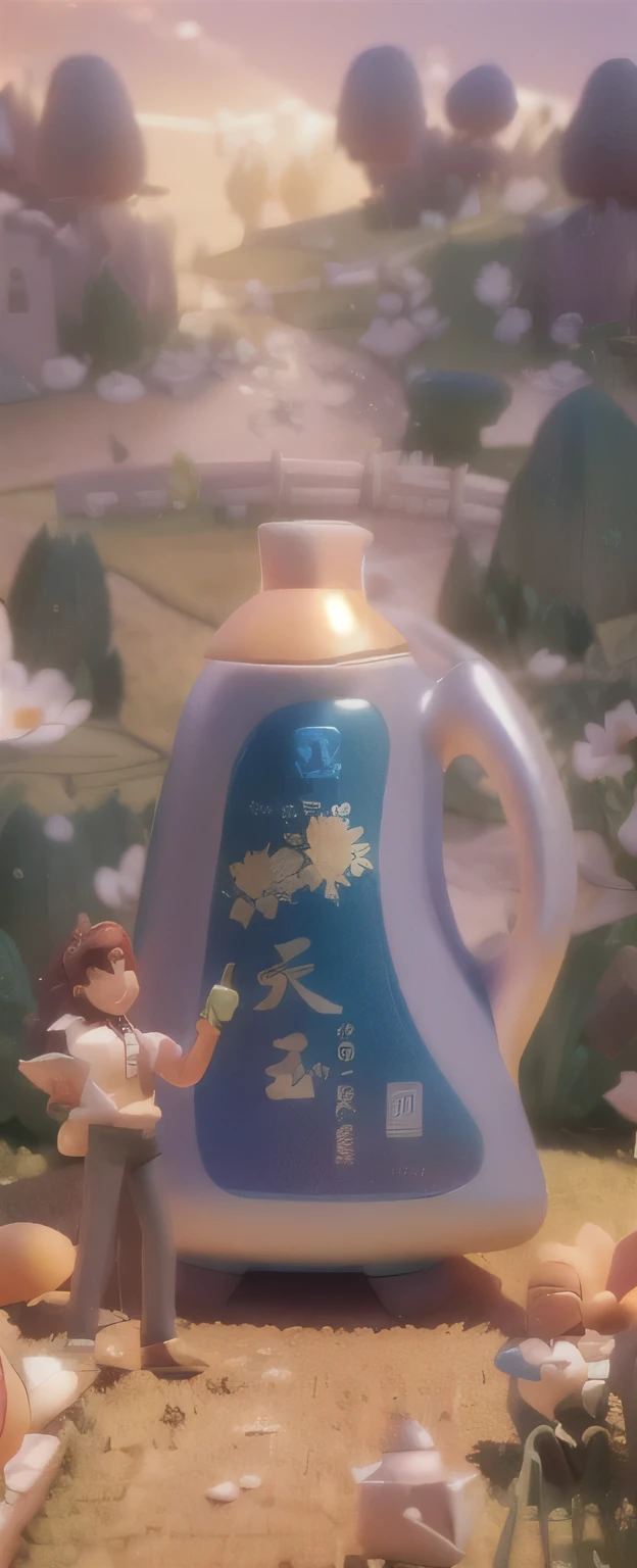 Close-up of a bottle of cooking oil on a table, There is a 3D character next to it,HD characters , closeup,Microscopic Photography, the World of the Tiny, 3D Model Macro Photography, Excellent composition, Fantasy painting,3D model of a cute, Extremely detailed scene, Amazing wallpapers, in a scenic background, Very detailed scene, Beautiful and detailed scenes,High-definition picture, 4k high-definition