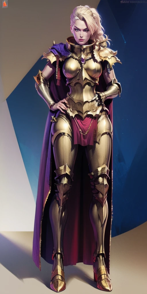 masterpiece, best quality, high quality, pale hair, red eyes, purple skin, deep blue cape with golden ornaments (1solofemale full body standing straight symmetrical, hands on hips)