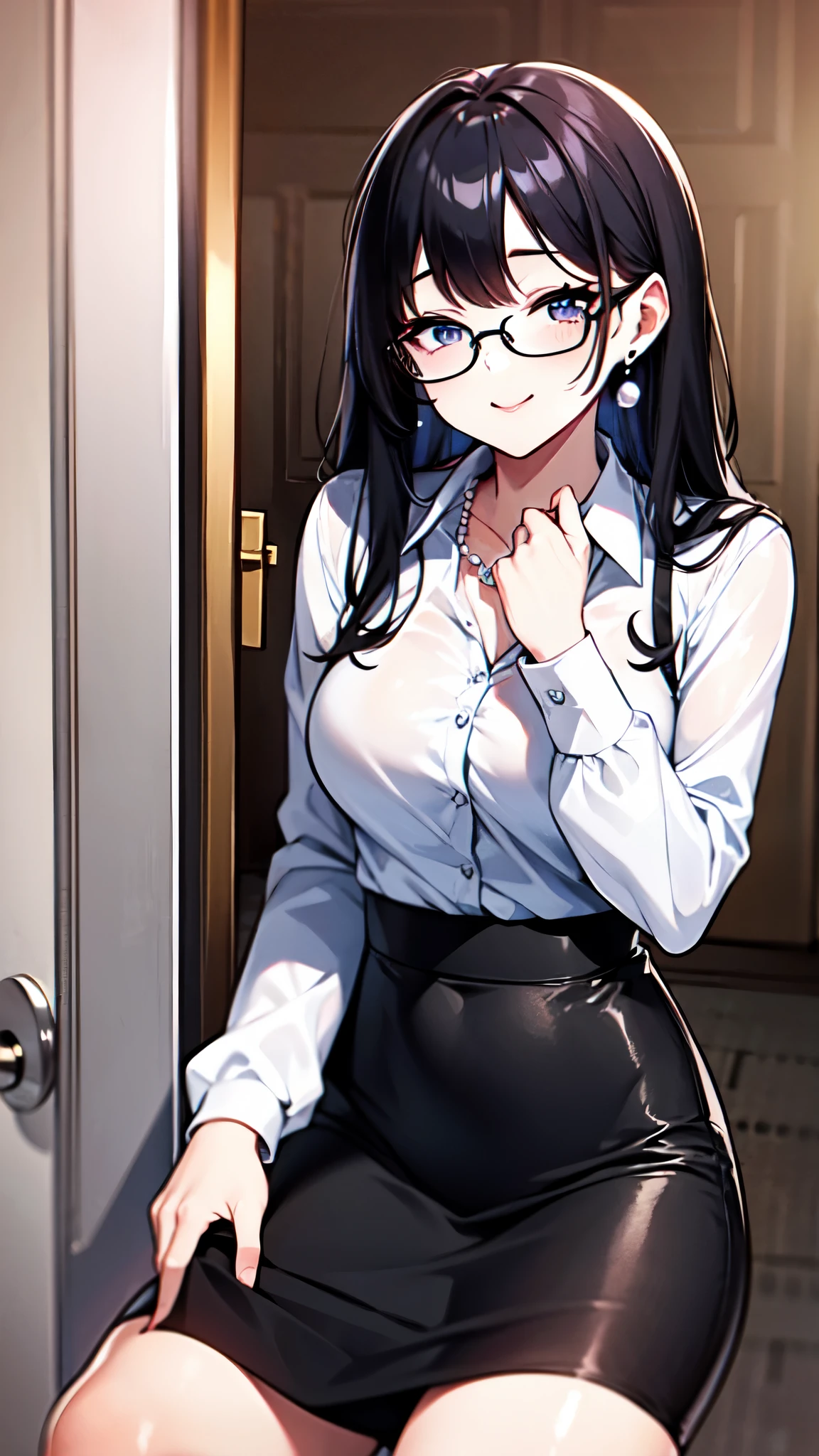 ((super high quality,Ultra-high resolution,16K,super masterpiece,Ultra HD,Detailed shading)),the sunlit entrance,A seductive mother,(popped collar White shirts,Bring the hem out,Tight collar,Long sleeve,BLACK Pencil Skirt),sexly,Black hair semi-short,Sweep your bangs to the side,Glasses,smile,Pearl Earrings,Pearl Necklace,Engagement Rings,slouch,He comes out with the door half open.,