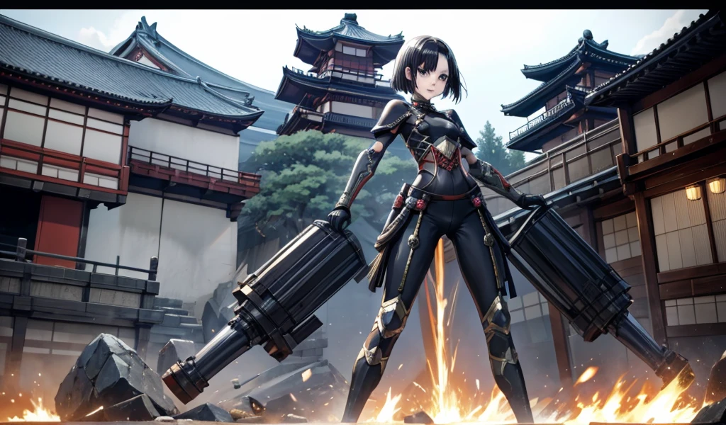 Black-haired girl with short hair，Chest，slim figure，Full body tights，Japan Armor，thigh，warrior，Imperial Palace of Japan