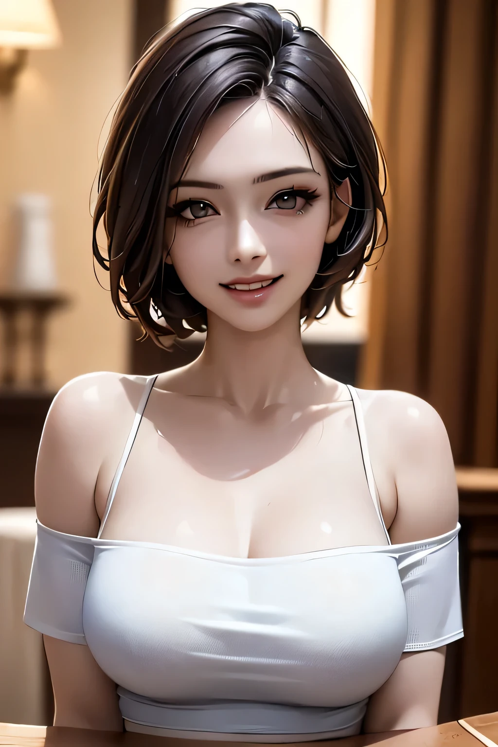 ((Realistic Light, masterpiece, Highest quality, Realistic, 8k, Tabletop: 1.3)), 1 person, Off-the-shoulder cut top: 1.3, Highly detailed face, fine grain, (eyelash), double eyelid, grin, (My Room), smile, (((beauty of saggy breasts))