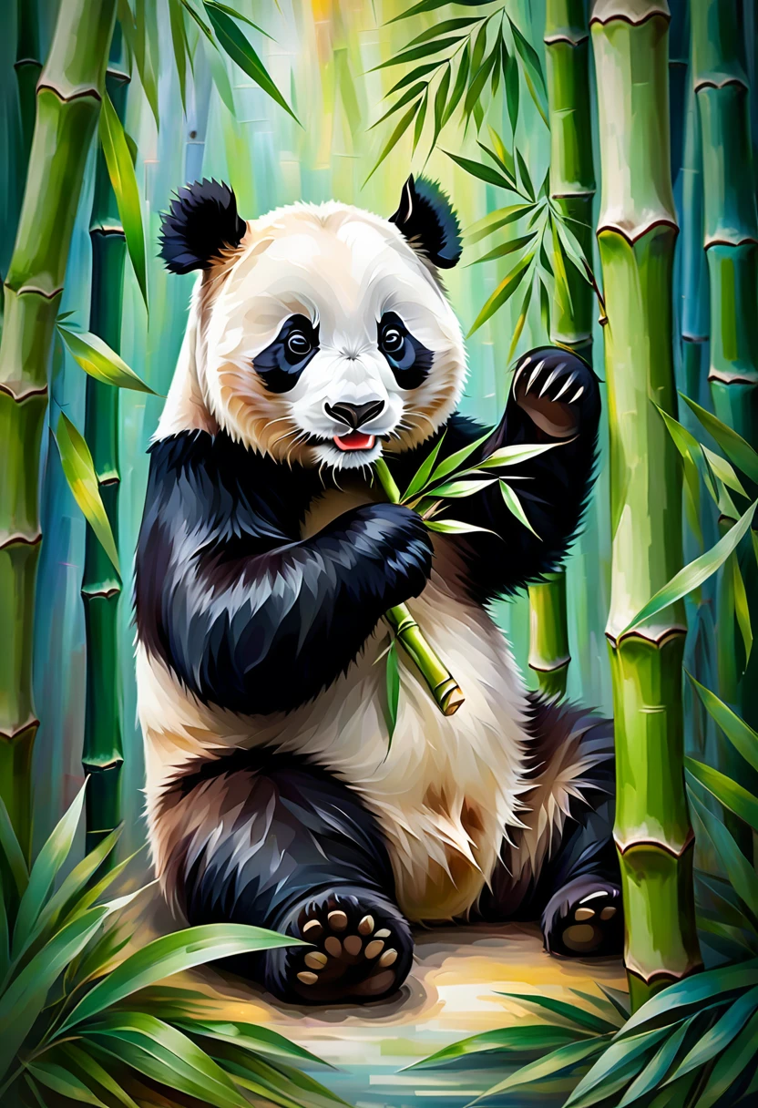 A panda holding bamboo shoots in its paws, surrounded by bamboo leaves and twigs. The image is done in an oil painting style with soft and smooth strokes, emphasizing the texture of the panda's fur and bamboo leaves. The background features a mix of bright, abstract colors, adding dynamism and artistic atmosphere to the scene, while the main focus remains on the panda.