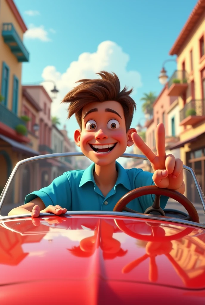 In the Pixar version Generate a young man, wearing the blue shirt, with a big forehead, Grinning, kind, neat competition, driving and giving making two with the hand.