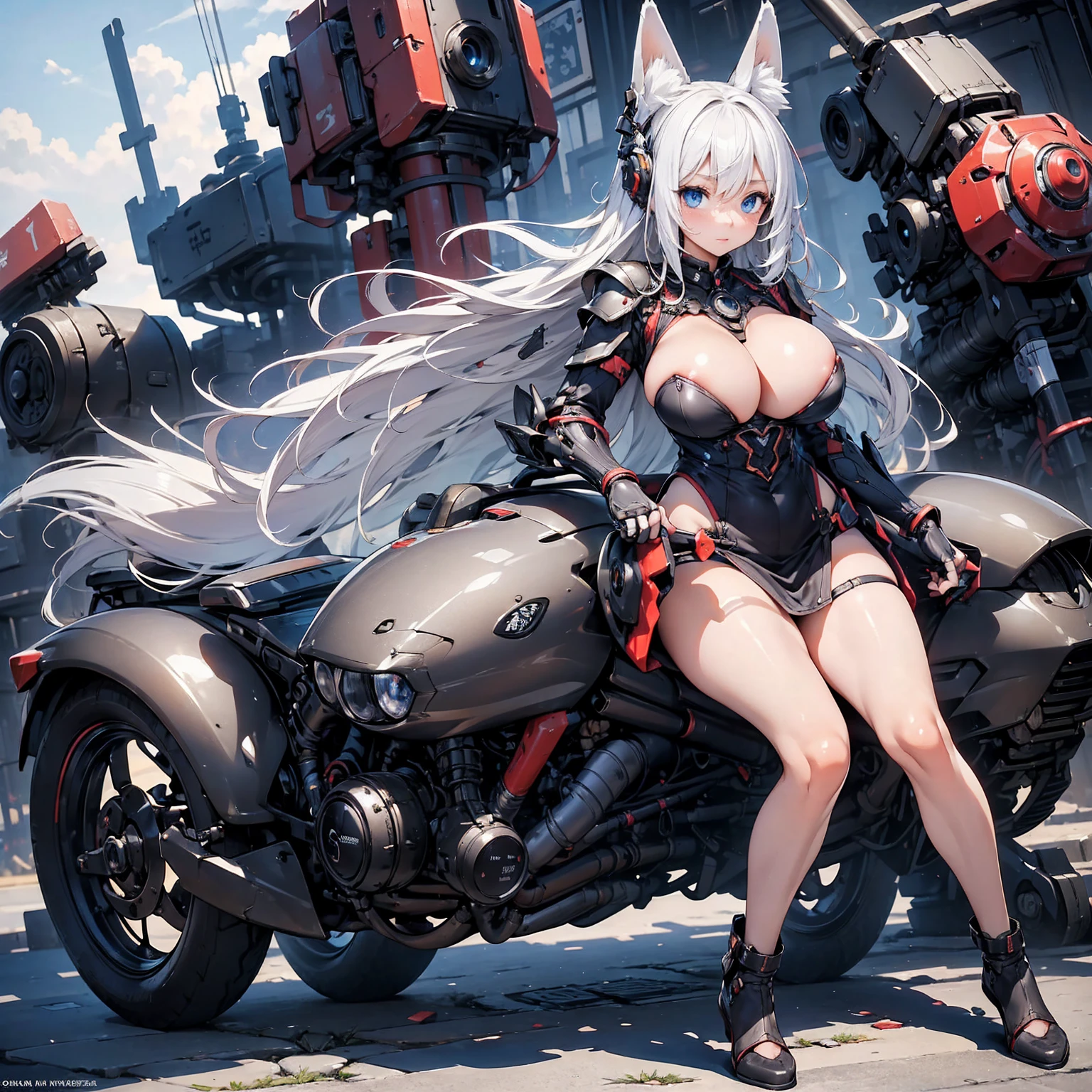 (Absurd Resolution:1.2), (ultra delicate:1.2), (masterpiece:1.2), (Photorealistic), (top-quality), BREAK (Two characters: one is a cute girl, the other is a heavily armored fox robot), super fine concept art, intricate details, hard surface, BREAK (cute 1girl), (finely detailed eyes and finely detailed face:1.2), BREAK (ultra fine-blue-cute-eyes:1.3), (Expression ultra detailed glowing Pupil), (ultra detailed Expression eyelashes), (ultra delicate Long Straight Hair white hair, hairs between eyes), (beautiful Glossy lips), BREAK (slim body and gigantic breasts:1.3), narrow waist, leggy, curvy is body without muscles, (Shiny realistic pale skin texture:1.2), precise anatomy, (4 defined fingers), (1 defined t thumb), breathtaking expression, BREAK (intricate black-Mechanical-Armor-dress, bare-Thighs:1.2), glowing energy Core, BREAK Seductive pose, (Crisp focus, eye focus:1.2), (full body shot, shoot from front, high angle shot), BREAK cinematic composition, vibrant colors, A large combat weapon is visible in the background,