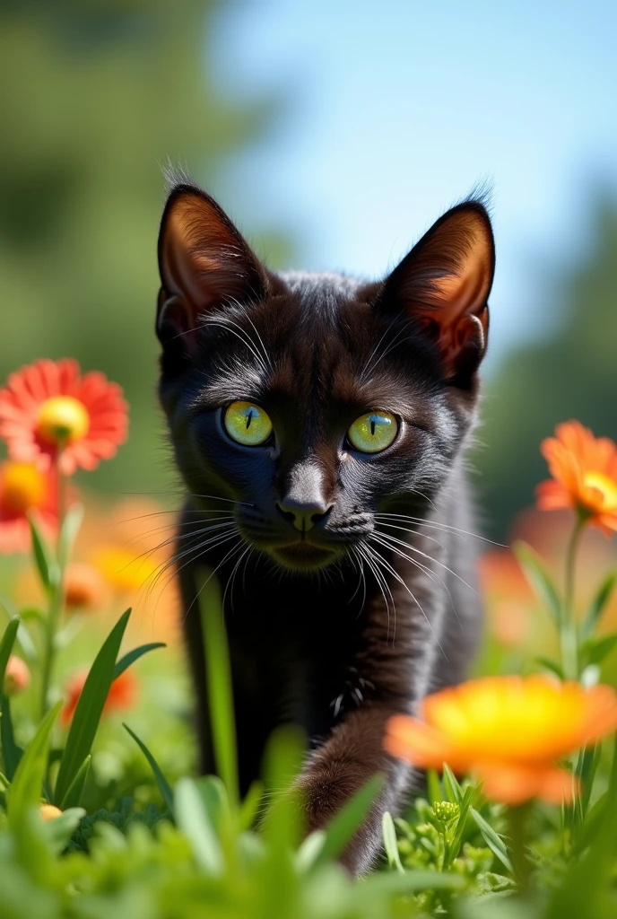 Black cat with honey-colored fur and green eyes