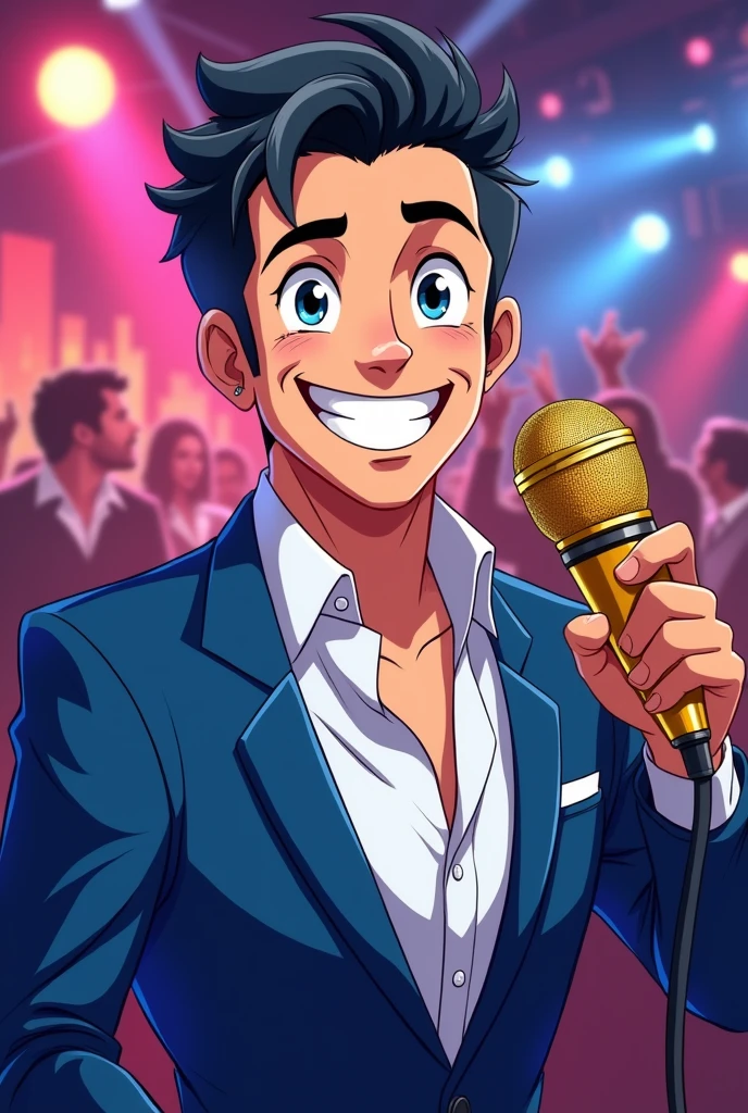 A charismatic animation character inspired by a Brazilian TV show host named Silvio Santos, designed in the Anime style. He's wearing a smart blue suit, with short, voluminous hair and a big, friendly smile. A golden microphone is attached to his suit at chest height like a brooch. The character's appearance exudes confidence and charm, with a warm, inviting expression, large, expressive eyes, and a classic, timeless look. (fotorrealista: 1.4), Selfie 