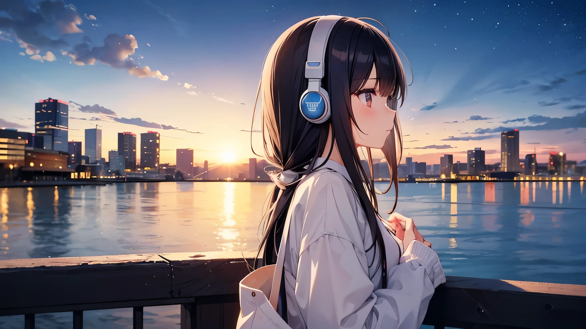Gazing at the water in the sink。A young girl with black hair wearing stylish clothes and headphones labeled "lo-fi" The girl is shown in profile, gazing into the distance with a calm, relaxed expression Background depicts the iconic scenery of Namba, Osaka at night, without any text on signs A starry night sky adding to the peaceful atmosphere Overall mood is quiet and serene, perfect for lo-fi music Detailed hair rendering and careful attention to the girl's fashionable outfit The entire scene should evoke a relaxing, introspective feeling associated with lo-fi music