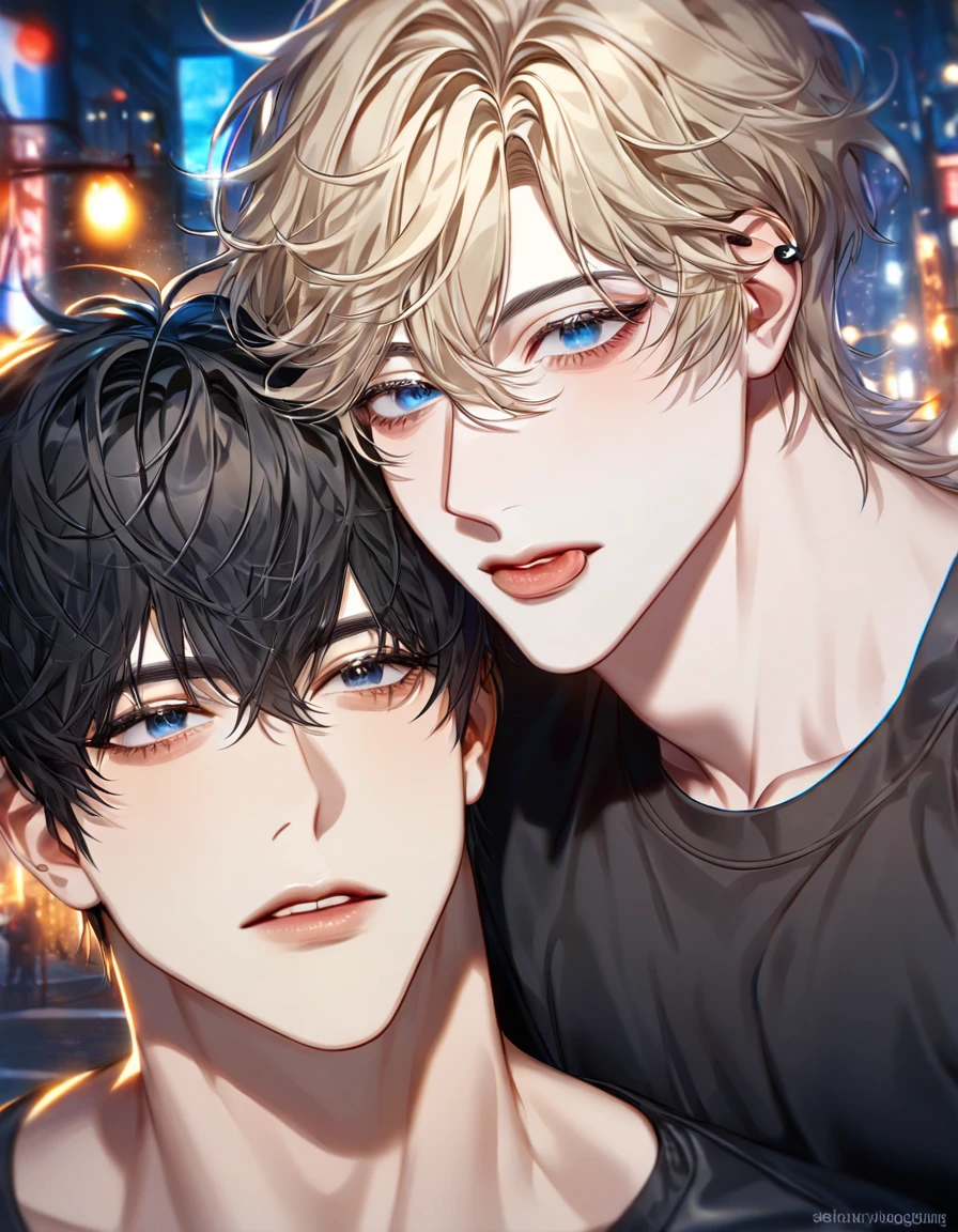 absurdres, highres, ultra detailed, HDR, master piece, best quality, extremely detailed face, delicated features, Kang Woojin, black hair, messy hair, expressive dark blue eyes, Love Jinx, Lim Haegyung, ash-blonde hair, hair between the eyes, messy hair, expressive blue eyes, two sexy men together, yaoi, gay couple, handsome, sensual, black leather jacket, black tight T-shirt, black piercings, city, lights, buildings, night, street