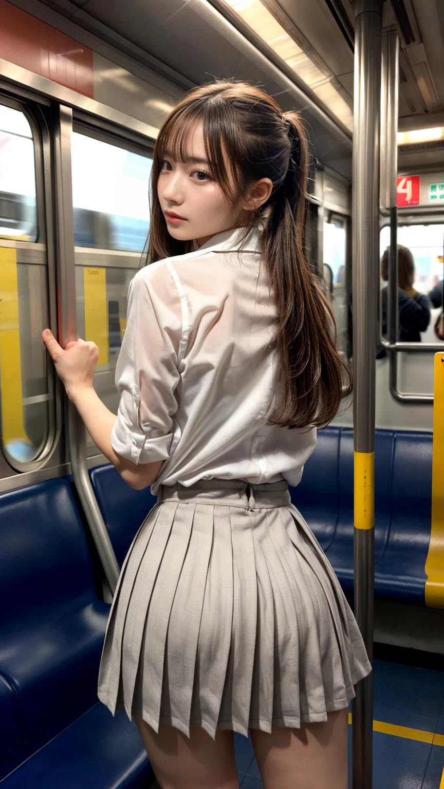 masutepiece, of the highest quality, High resolution, from back
grasp, ,
High school girl grabbed by the buttocks on the train,
(School uniform, Pleated skirt),
Beautiful One Girl, a blond, Side Ponytail, Beautiful face, Beautiful detailed eyes, Beautiful body, Beautiful chest, beautiful thigh,
(3 Male, (molesting), (Man grabbing girl's ass on train:1.5, Man grabbing girl's chest on train:1.2)),