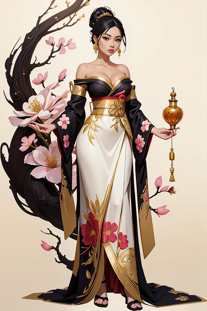 gorgeous oriental woman, black hair in an elaborate hairstyle, elegant embroidered kimono, sakura flower embroidery, gold details, full body shot, cleavage, bare shoulders, standing, large breasts, alchemist, strapless dress, vials , potions, updo, blank background, white background, lulu, ffx