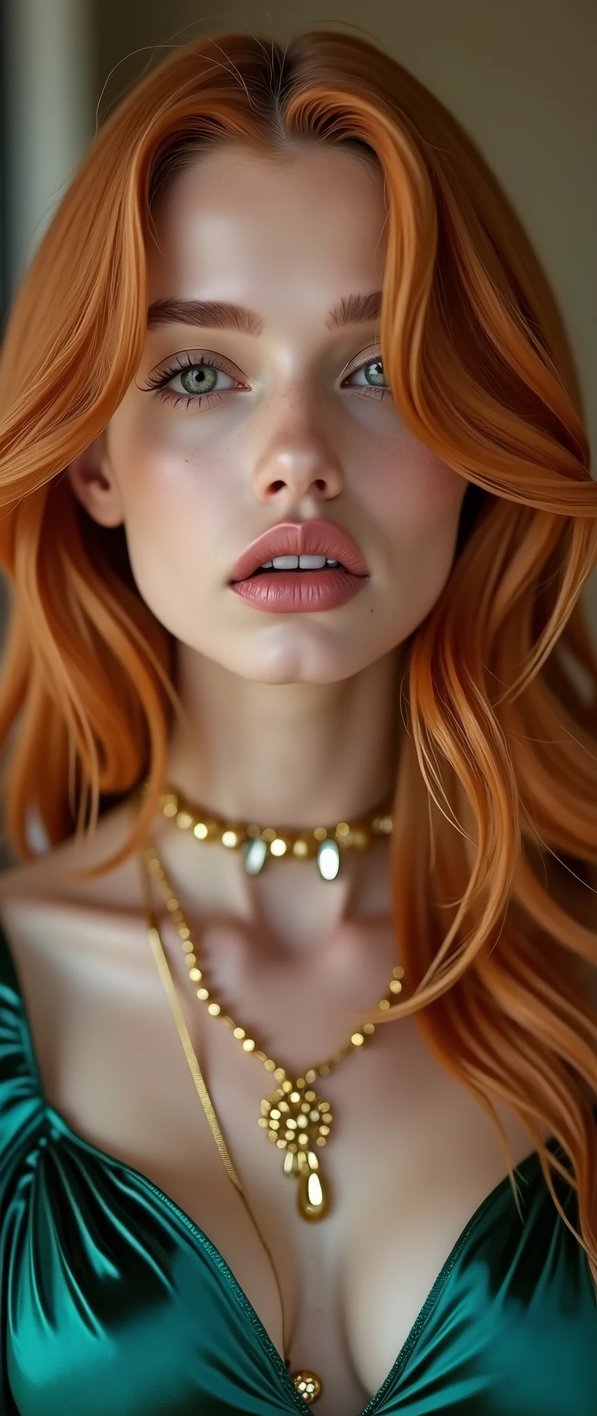 a woman with red hair, hyper-realistic skin, shiny/glossy, modern jewelry, gongbi, portraiture, dark teal and light gold, tropical landscapes, Face portrait photo oF a 21 Year-old German woman, .raw, beautiFul woman, half strawberry lips, strawberry lipstick, Fossettes, big breast, realistic legs, high heels, nostalgic look, detailed light brown eyes, great student, thin eyelashes, (Brown extra long blond hair), ((detailed Face)), ((detailed Facial Features and skin texture)), (Finely detailed skin), light brown skin, (Deep neckline detailing high-tech cyberpunk dress), Cyberpunk big city environment, (cold colors), moist, moist, reFlections, (masterpiece) (height ratio / perfect width) (photo realist) (best quality) (detailed) Shot with Canon EOS R5, ObjectiF 50mm, F/2.8, human development report, (8k) (wallpaper) (light) (Dramatic Light) (sharp focus) (complicated), sharp details, skin detail sharpness,