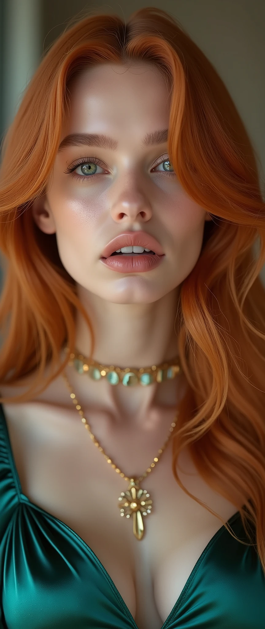 a woman with red hair, hyper-realistic skin, shiny/glossy, modern jewelry, gongbi, portraiture, dark teal and light gold, tropical landscapes, Face portrait photo oF a 21 Year-old German woman, .raw, beautiFul woman, half strawberry lips, strawberry lipstick, Fossettes, big breast, realistic legs, high heels, nostalgic look, detailed light brown eyes, great student, thin eyelashes, (Brown extra long blond hair), ((detailed Face)), ((detailed Facial Features and skin texture)), (Finely detailed skin), light brown skin, (Deep neckline detailing high-tech cyberpunk dress), Cyberpunk big city environment, (cold colors), moist, moist, reFlections, (masterpiece) (height ratio / perfect width) (photo realist) (best quality) (detailed) Shot with Canon EOS R5, ObjectiF 50mm, F/2.8, human development report, (8k) (wallpaper) (light) (Dramatic Light) (sharp focus) (complicated), sharp details, skin detail sharpness, 