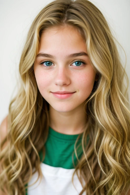 Fourteen-year-old girl with wavy blonde hair and green eyes