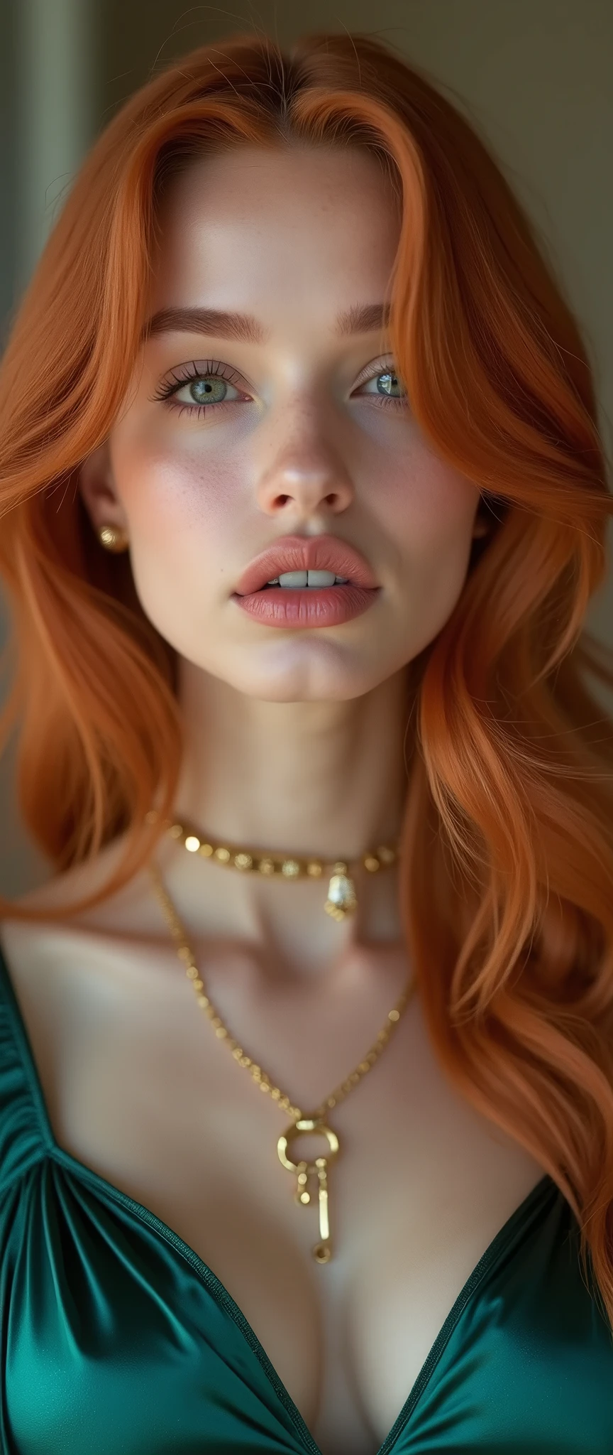 a woman with red hair, hyper-realistic skin, shiny/glossy, modern jewelry, gongbi, portraiture, dark teal and light gold, tropical landscapes, Face portrait photo oF a 21 Year-old German woman, .raw, beautiFul woman, half strawberry lips, strawberry lipstick, Fossettes, big breast, realistic legs, high heels, nostalgic look, detailed light brown eyes, great student, thin eyelashes, (Brown extra long blond hair), ((detailed Face)), ((detailed Facial Features and skin texture)), (Finely detailed skin), light brown skin, (Deep neckline detailing high-tech cyberpunk dress), Cyberpunk big city environment, (cold colors), moist, moist, reFlections, (masterpiece) (height ratio / perfect width) (photo realist) (best quality) (detailed) Shot with Canon EOS R5, ObjectiF 50mm, F/2.8, human development report, (8k) (wallpaper) (light) (Dramatic Light) (sharp focus) (complicated), sharp details, skin detail sharpness,