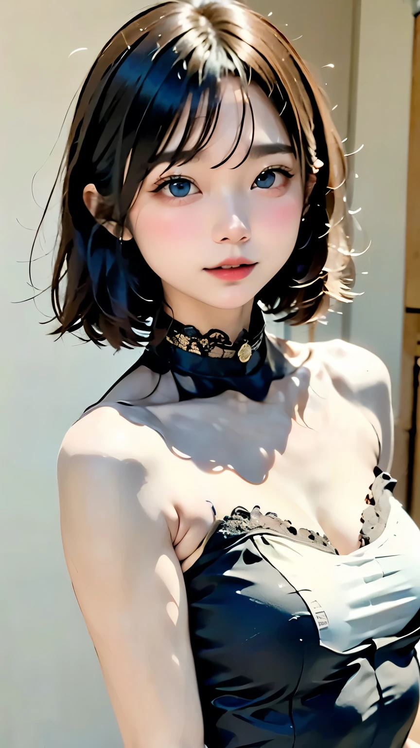 cute, (Black Hair、White mesh), ((Short Bob)), Perfect Face, An innocent smile, Upper Body,(blue eyes), (Yan), (small), (thin), ((Flat Chest)), ((Only 16)), Skin dentition, Very detailed, Attractive oval face, Red lips, pink, Glowing Skin, Thin Hair, Face Focus, Chest close-up, Gorgeous hair ornament, ((1 person)), Embarrassed expression,