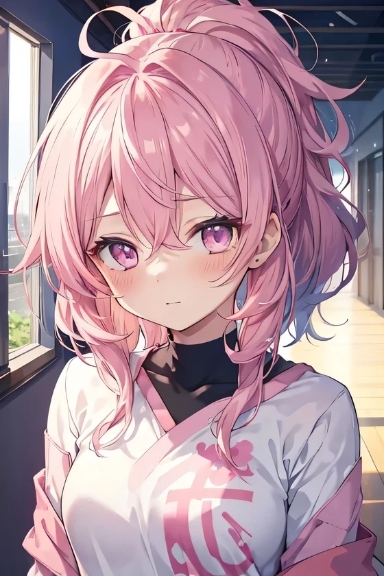 girl, cute anime girl, pink hair, medium hair, messy hair, hair in ponytail, pink eyes, blushing, girl, beautiful hair style, (((Best Quality: 1.4)))
