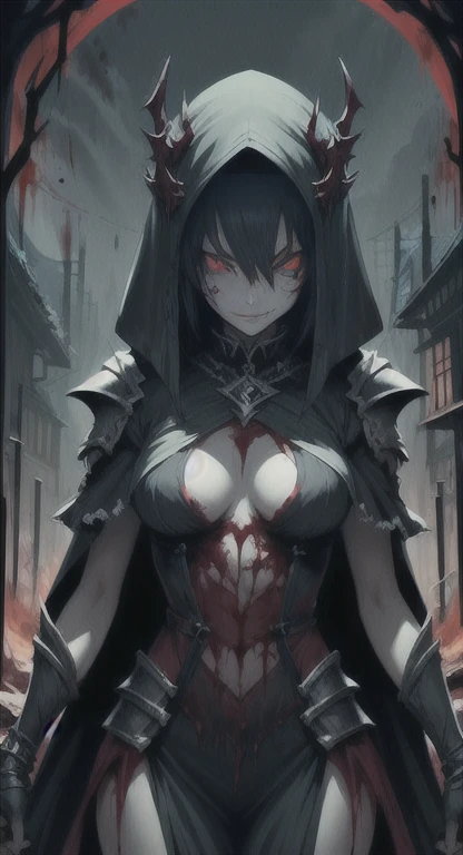 Ancient  era, armored, princess Hylexia , blood everywhere, bloodmoon princess drenched in blood, looking at viewer psychotically, creepy smirk, Sharp claws, covered in blood, destroyed village, cursed Triforce, modern time,