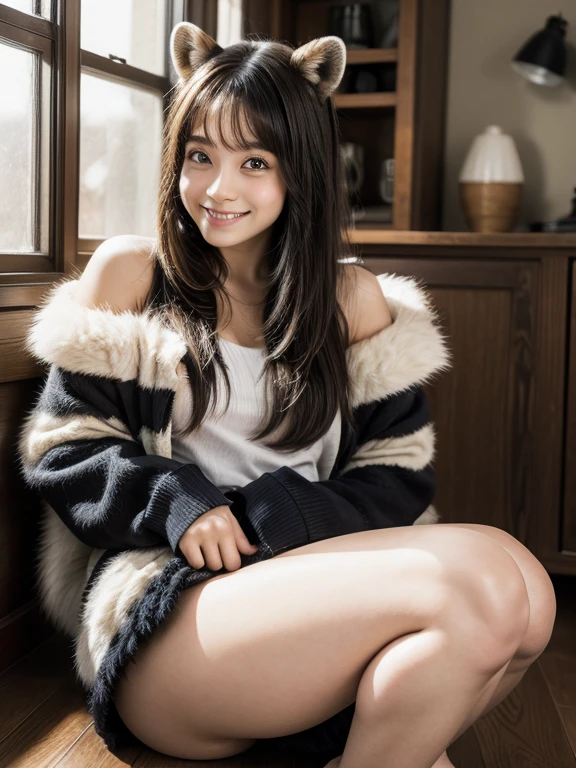 ((Highest quality, 8k)), ((masterpiece)), (Highest Resolution), Perfect Face, Woman with raccoon ears, Female college student, Beautiful woman, public, One tail, she has thick thighs, Big raccoon tail, She has a brown raccoon tail, She wags her tail, Smiling with teeth showing, Fur collar, she is wearing a short skirt, Beautiful Hips , Raccoon tail sticking out of panties