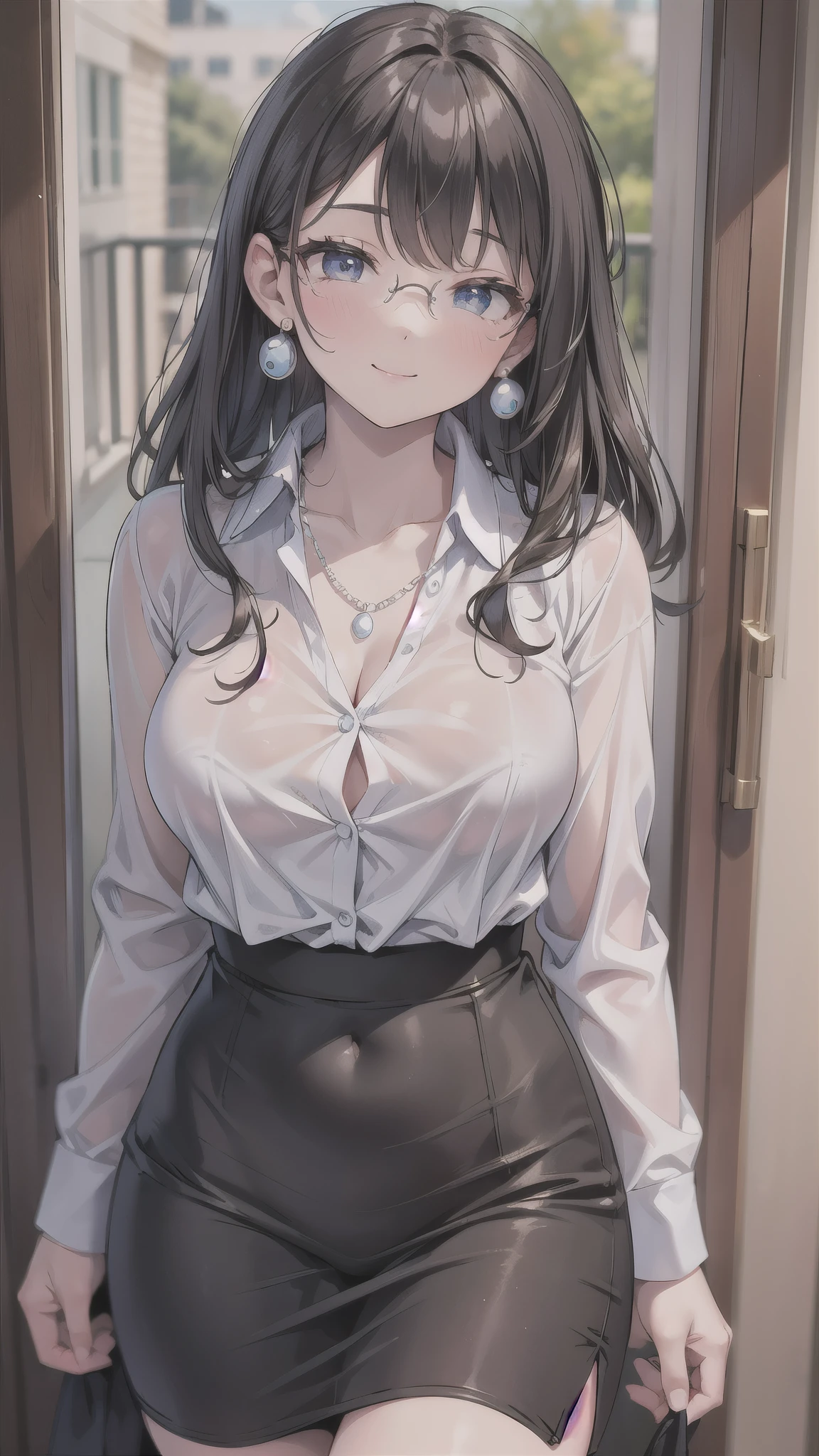 (super high quality,Ultra-high resolution,16K,super masterpiece,Ultra HD,Detailed shading),Full body photo,the sunlit entrance,A seductive mother,(popped collar White shirts,Bring the hem out,Tight collar,Long sleeve,BLACK Pencil Skirt),sexly,Black hair semi-short,Sweep your bangs to the side,Glasses,smile,Pearl Earrings,Pearl Necklace,Engagement Rings,slouch,He comes out with the door half open.,