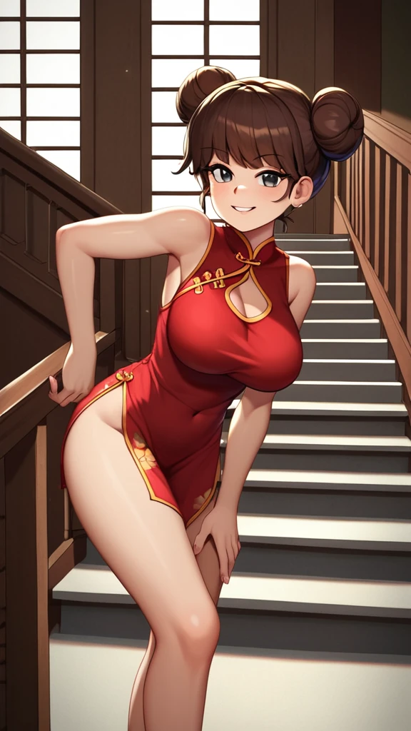 Lynn Loud, 1girl, solo, 24yo girl, large breasts, red cheongsam, black eyes, inside of a chinese temple looking at viewer, brown hair, two hair buns, hands score_9, score_8_up, score_7_up, guarding the stairs, stairs behind her, Super perspective,wide shot,foreshorten,fighting stance