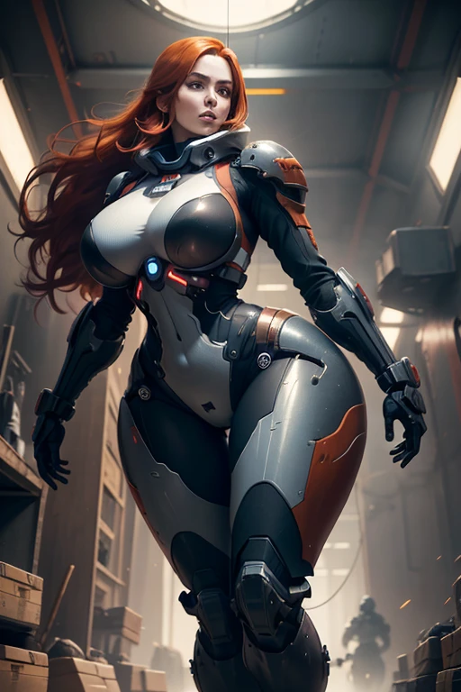 Super-detailed, 8k, 1 girl, mature, long red hair, perfect figure, busty body, curvy body, large and droopy breast, slender hips, thick thighs, huge round ass, mech suit and helmet, walking through the fortress hangar