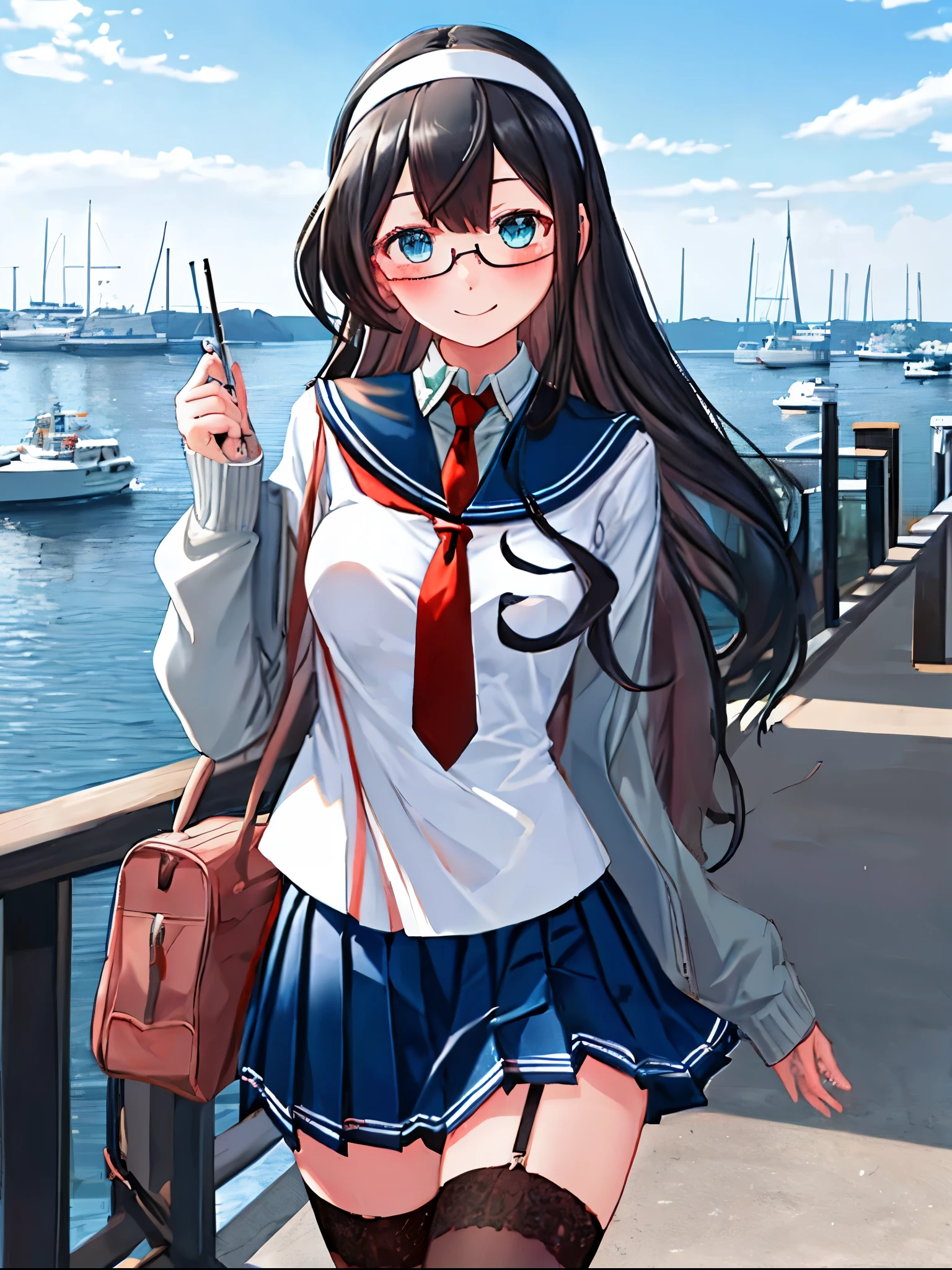 best quality, masterpiece, highres, solo, {ooyodo_kantaicollection:1.15}, black_hair, long_hair, glasses, hairband, semi-rimless_eyewear, under-rim_eyewear, blue_eyes, green_eyes, blush,small_breasts, 1girl, school_uniform, serafuku, pleats_skirt, looking_at_viewer, necktie, harbor_town_background, red_necktie,(angry:0.7),smile,,thigh-highs,solo