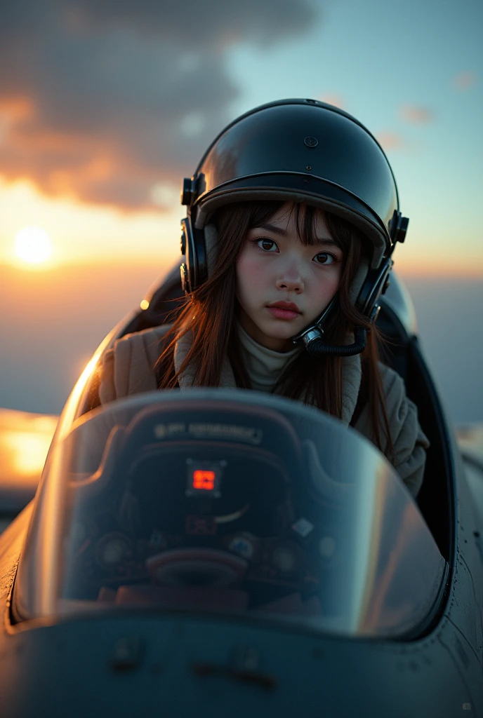 ultra-realistic, photorealistic, beautiful Japanese girl, at the cockpit of a military fighter jet, ready to take off, dramatic scene, masterpiece, face focus, flight helmet with breathe mask, oxygen mask, beautiful eyes, fighter jet pilot's flight suits, shoot from side