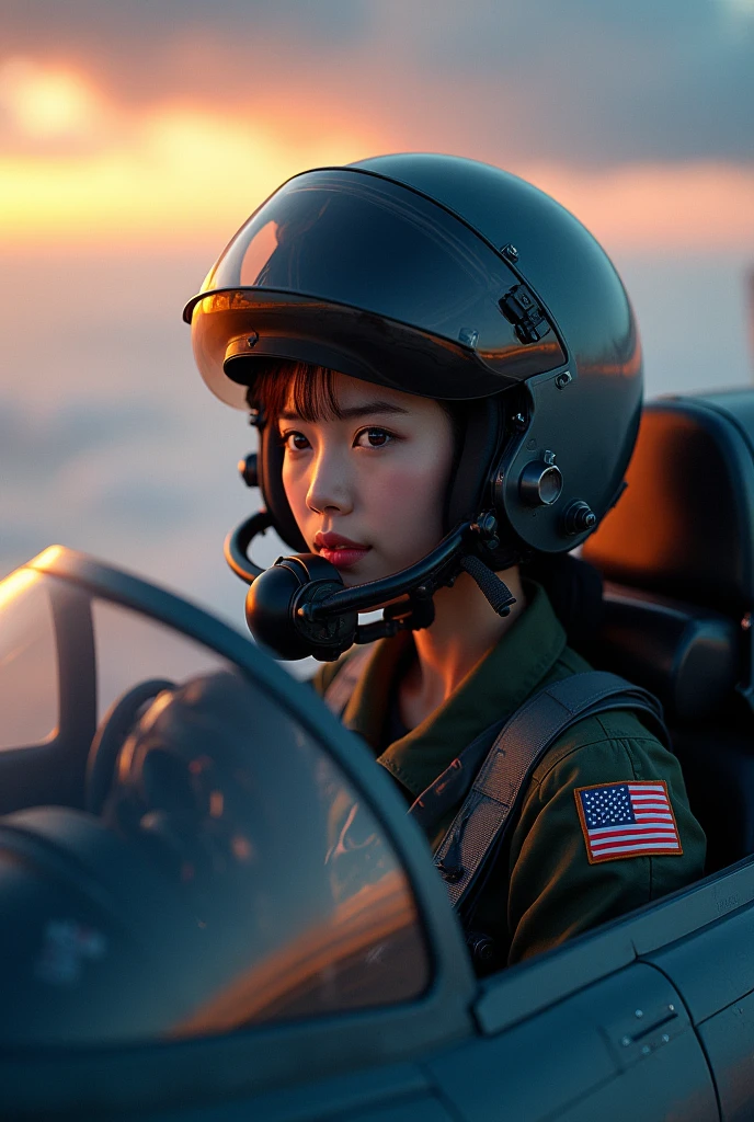 ultra-realistic, photorealistic, beautiful Japanese girl, at the cockpit of a military fighter jet, ready to take off, dramatic scene, masterpiece, face focus, flight helmet with breathe mask, oxygen mask, beautiful eyes, fighter jet pilot's flight suits, shoot from side