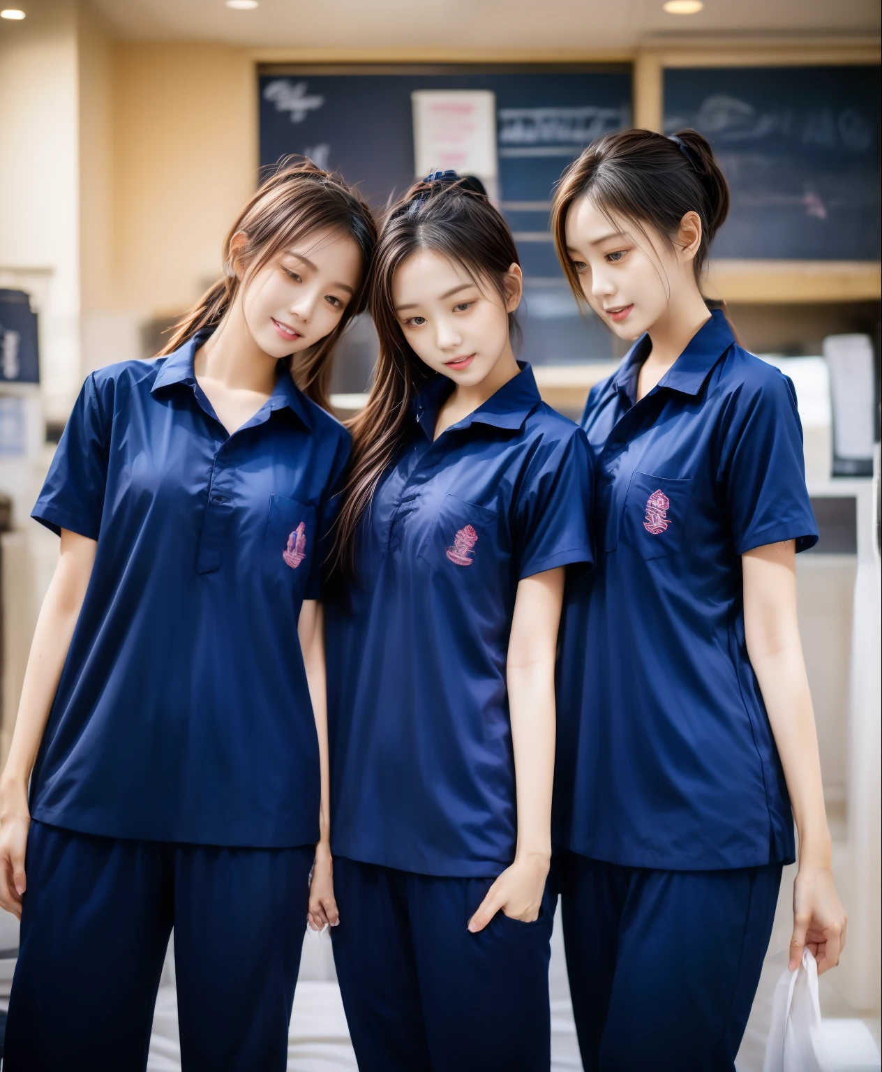 3 girls sleep on bed, Navy blue short-sleeved shirt,Navy Long Trackpant,Sweatpants, Sweatpantsขายาว,25 year old girl, lesbian, sexy, exercise clothes, wet body, exercise clothes