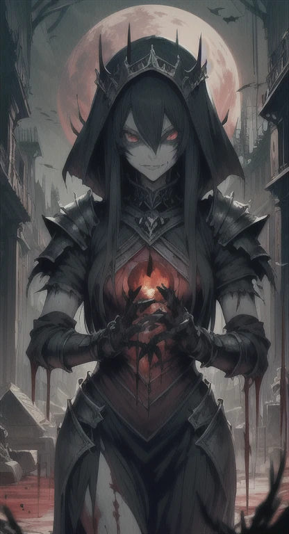 Ancient  era, armored, princess Hylexia , blood everywhere, bloodmoon princess drenched in blood, looking at viewer psychotically, creepy smirk, Sharp claws, covered in blood, destroyed village, cursed Triforce, fortress ruins,