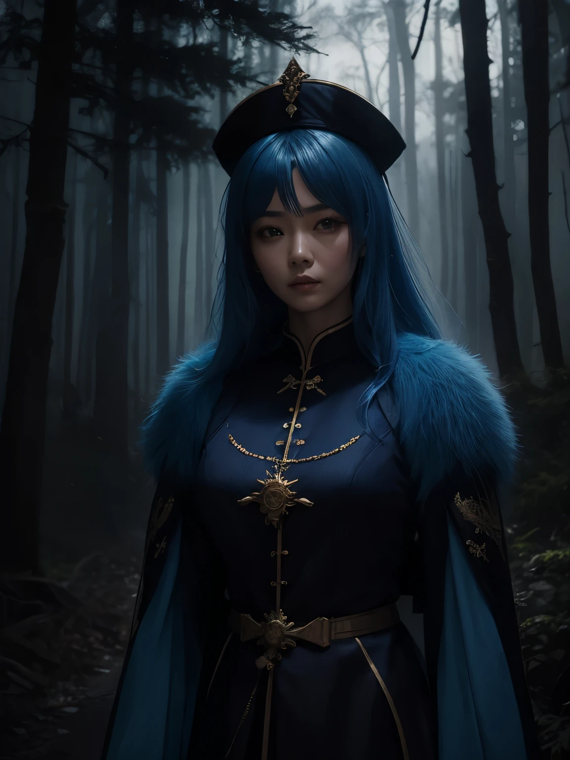portrait of a beautiful blue haired asian woman, French royal clothing in the middle of a dense forest at dawn, re-rate, horror film, divine and confident character, twisted and otherworldly forest, desolate place