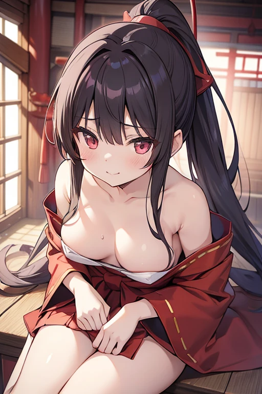 Anime cute sexy perfect slim sensual body big breasts and huge thighs, Exquisite and highly detailed illustrations of anime (young). (((Artwork))),(((High resolution)))、(((8k)))、(((Perfect Face)))、Looking at the camera, ((High quality eyes)), High quality face, Detailed Texture, alone, Shrine maiden, Long Hair, Black Hair, clear,shrine、Shrine maiden服、Red Hakama、Big Breasts、Dark Eyes、ponytail, White, fine-grained skin,Small Mouth, Beautiful Japanese Woman,  Talents, smile、Looking up、Boobs、Upper body naked