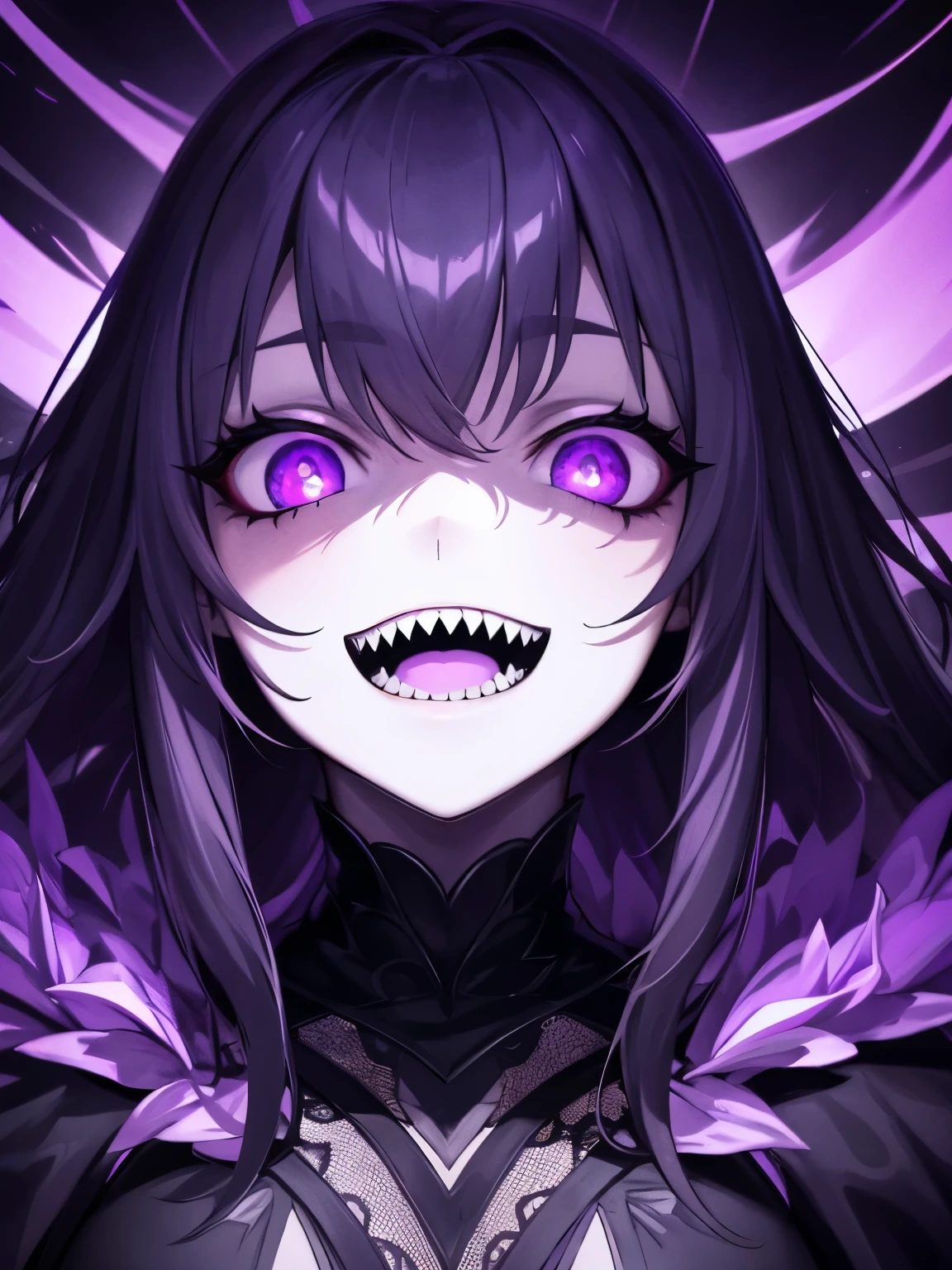 1girl , night hunter, glowing violet eyes, night, sharp teeth, open mouth, mischivous smile, scary, close up
hard lighting, best quality, intricate, highly detailed, masterpiece,