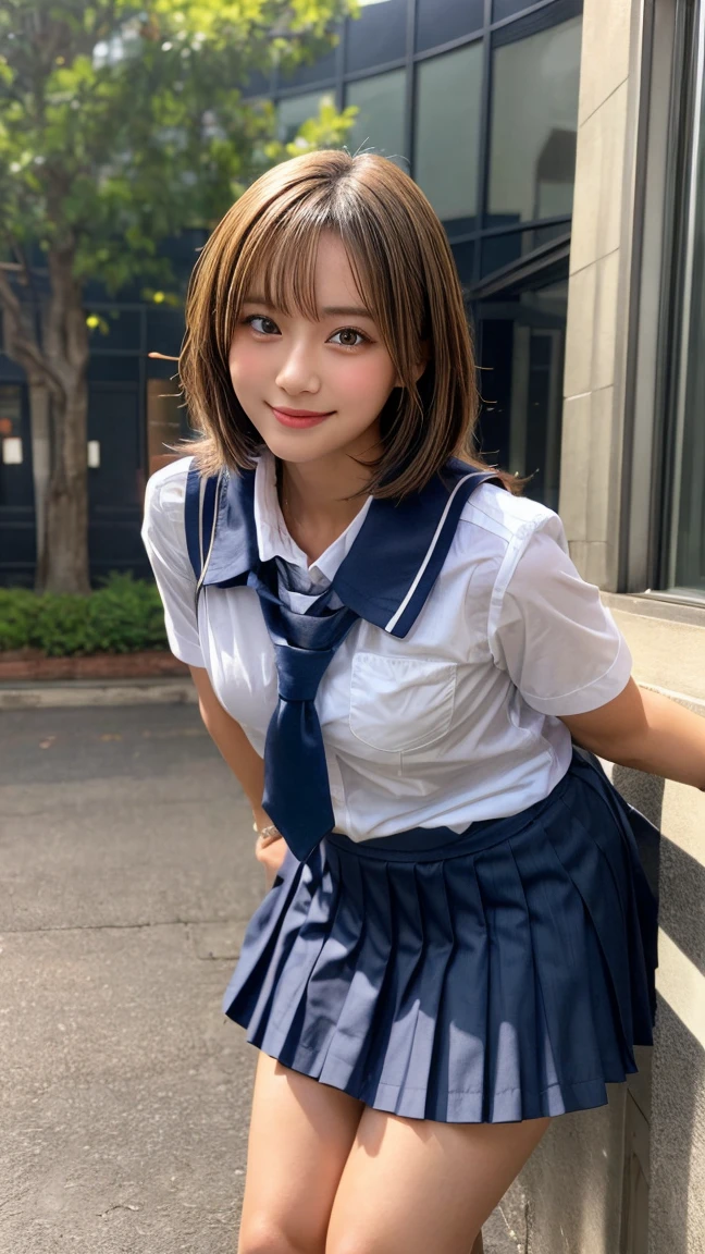 Browsing Caution, ((masterpiece)), ((Highest quality)), (Very detailedな), ((cute)), cute, (Multi-point), ((sexy)), (device), ((Very detailed)), 4K, (8k), Highest quality, (beautiful), hyper cute face, shape, Anime Style,hyper Genuineistic, Genuine, Dynamic Angle, ((whole body)), close, Thick outline, Clear contours, at school, (Three Girls, 3 cute girls:1.5), (Schoolgirl Uniform :1.5), beautiful light brown hair, beautiful brown eyes, ((beautiful eyes)), (Leaning forward:1.5), (Under the skirt:1.5), short hair, Big Breasts, smile