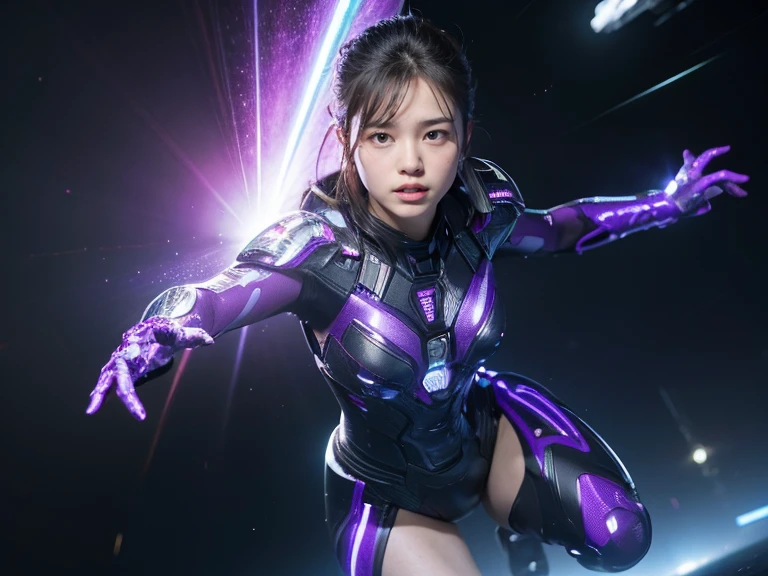 (RAW Photos, Highest quality), (Realistic, Photorealistic:1.3), 1 person、Female Warrior、Realisticbody、Purple battle costume、Meteor warrior flying from space、Fighting the reptilian aliens、shield、Laser spectral analysis、smile、Energy release、Star Destruction、Space debris、Outer Space、prominence