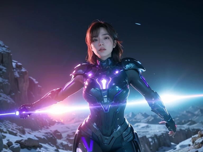 (RAW Photos, Highest quality), (Realistic, Photorealistic:1.3), 1 person、Female Warrior、Realisticbody、Purple battle costume、Meteor warrior flying from space、Fighting the reptilian aliens、shield、Laser spectral analysis、smile、Energy release、Star Destruction、Space debris、Outer Space、prominence