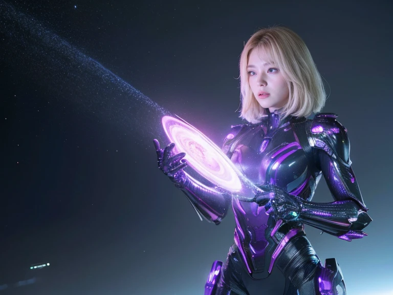 (RAW Photos, Highest quality), (Realistic, Photorealistic:1.3), 1 person、Female Warrior、Realisticbody、Purple battle costume、Meteor warrior flying from space、Fighting the reptilian aliens、shield、Laser spectral analysis、smile、Energy release、Star Destruction、Space debris、Outer Space、prominence