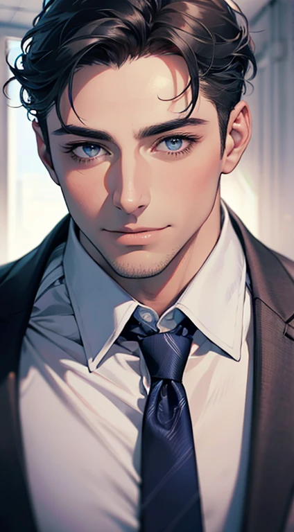 (Highest quality,4K,8K,High resolution,masterpiece:1.2),Super detailed,(Realistic,photoRealistic,photo-Realistic:1.37),1 person,32 years old,Mature Men,Beautiful skin、very handsome,Expressionless,smile,Short gray black hair,blue eyes,Sharp Eyes,A perfect face without a doubt,Businessman,Office Background,Cinema Lighting,HDR image,tie、